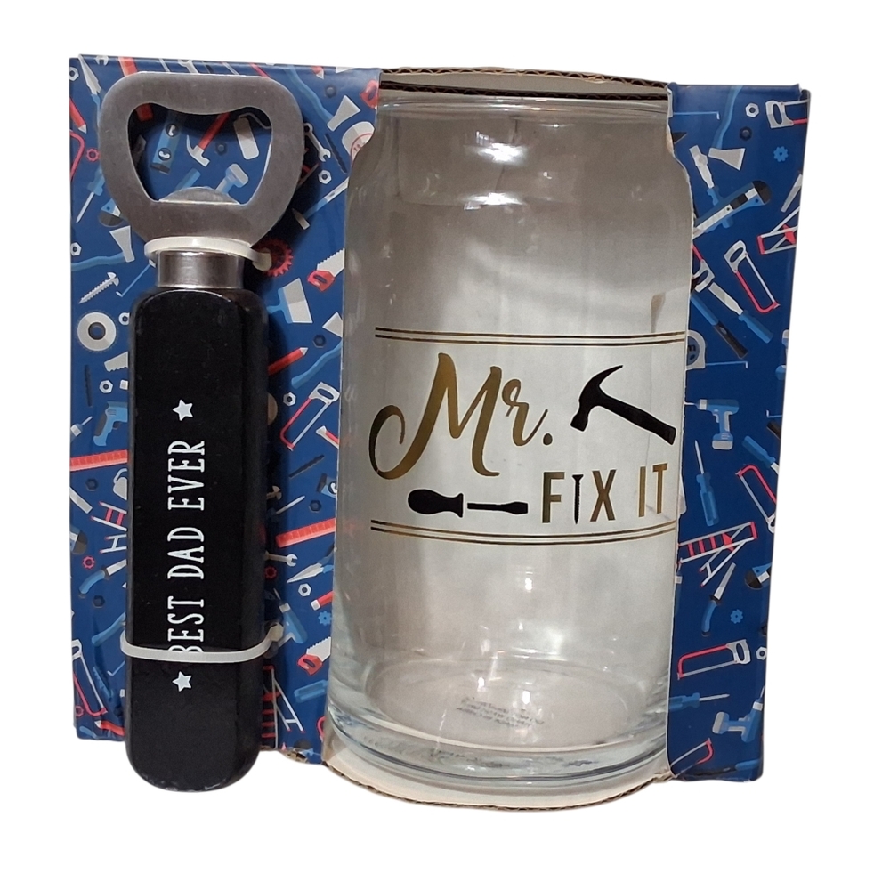 NWT Mr. Fix It Beer Glass & Bottle Opener Set Dad Gift Father's Day Present